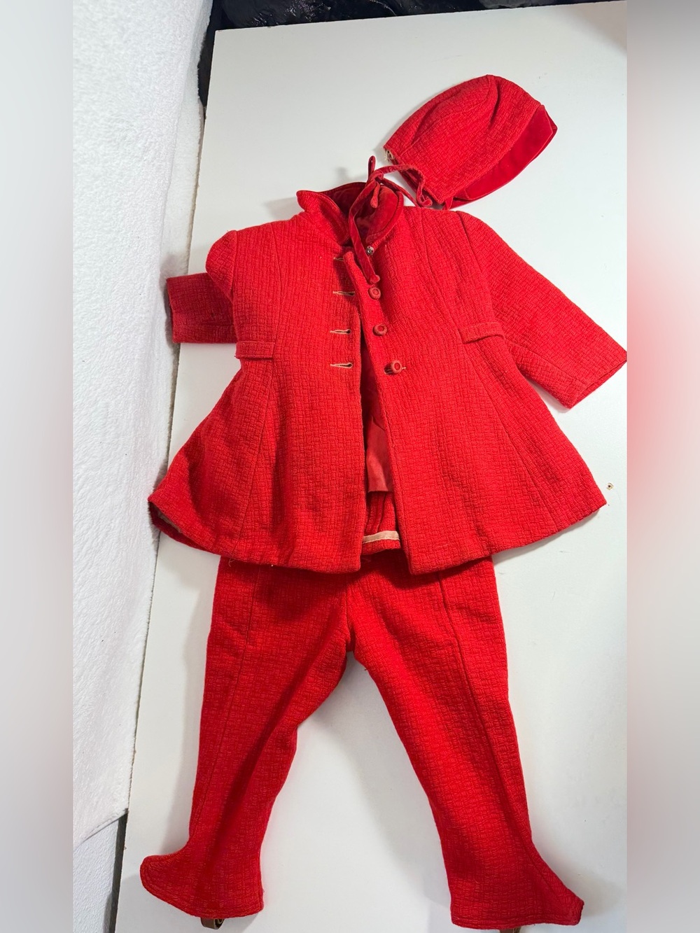 1950s A Bambury Original Girls Riding Coat Pants Bonnet Set Red Vintage 12-18 m
